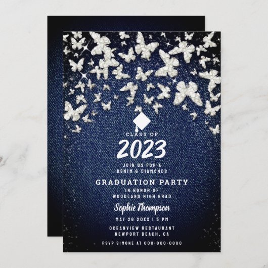 デニムダイヤきらきら光るズバタフライ卒業パーティー 招待状 (正面/裏面)