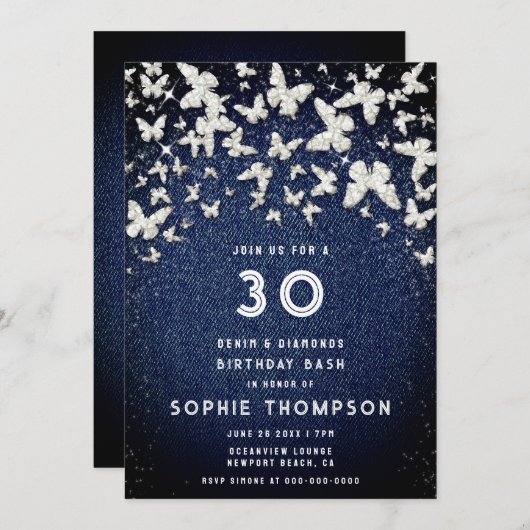デニムダイヤきらきら光るズバタフライ30th誕生日パーティー 招待状 (正面/裏面)