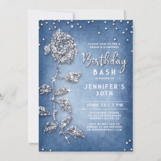 デニムダイヤきらきら光るズバラホワイトブルー30歳の誕生日 招待状 (正面)