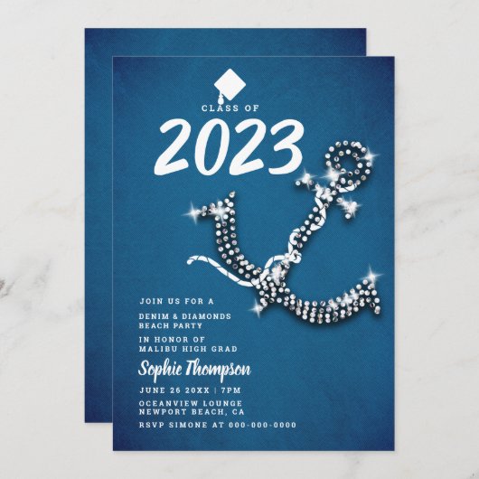 デニムダイヤきらきら光るモンドいかりビーチ卒業パーティー 招待状 (正面/裏面)