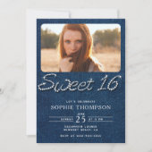デニムダイヤエレガントズブルーモダンスウィート16写真 招待状 (正面)