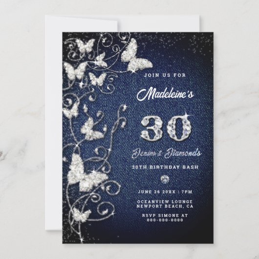 デニムダイヤモンドきらきら光るつる植物バタフライバースデーパーティー 招待状 (正面)