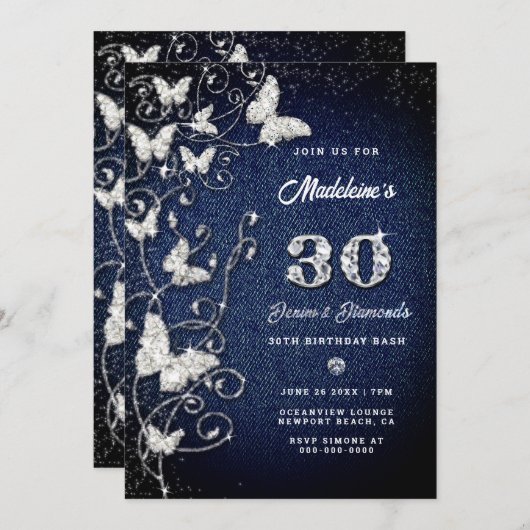 デニムダイヤモンドきらきら光るつる植物バタフライバースデーパーティー 招待状 (正面/裏面)