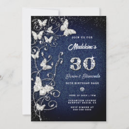 デニムダイヤモンドきらきら光るつる植物バタフライバースデーパーティー 招待状