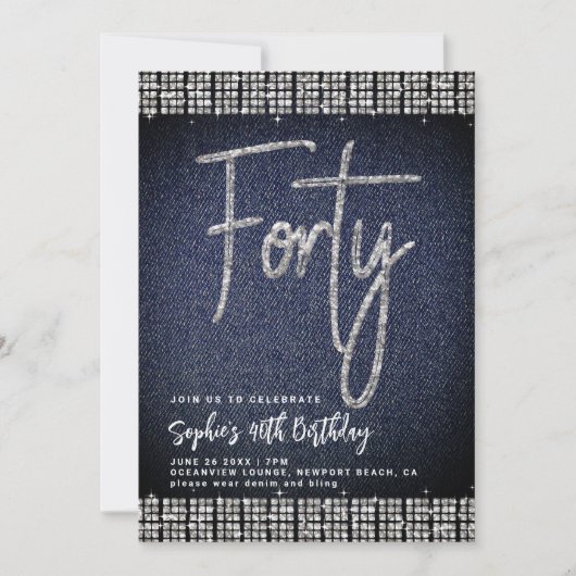 デニムダイヤモンドきらきら光るクラスイ40歳の誕生日パーティー 招待状 (正面)