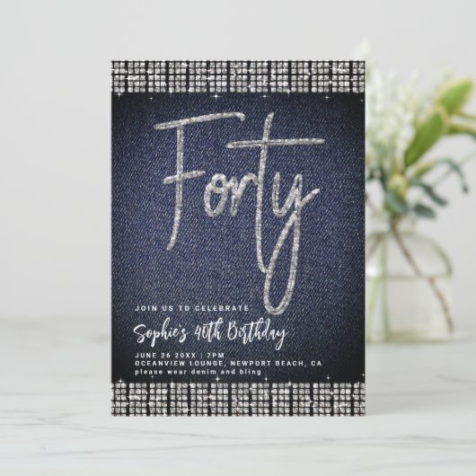 デニムダイヤモンドきらきら光るクラスイ40歳の誕生日パーティー 招待状 (スタンド正面)