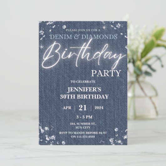デニムダイヤモンドグリッターエレガントきらきら光る誕生日 招待状 (スタンド正面)