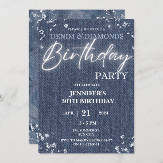デニムダイヤモンドグリッターエレガントきらきら光る誕生日 招待状 (正面/裏面)