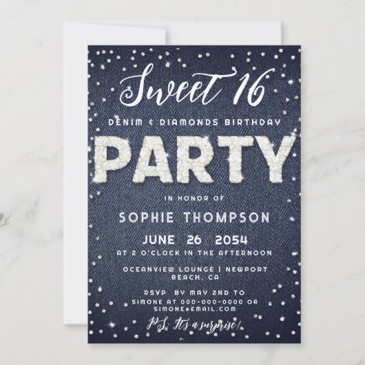 デニムダイヤモンドグリッタースウィート16バースデーパーティー 招待状 (正面)