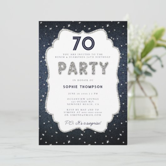 デニムダイヤモンドグリッターフレーム70thバースデーパーティー 招待状 (スタンド正面)