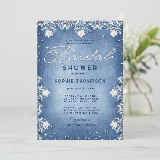 デニムダイヤモンドグリッターレースモダンブライダルシャワー 招待状 (スタンド正面)