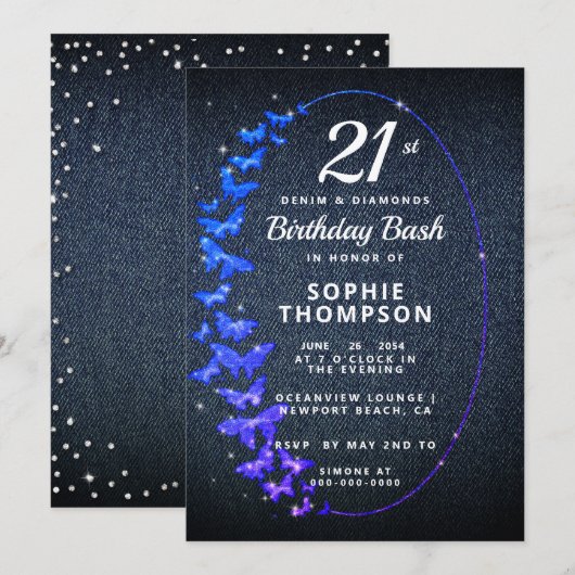 デニムダイヤモンドグリッター蝶バースデーパーティー 招待状 (正面/裏面)