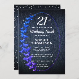 デニムダイヤモンドグリッター蝶バースデーパーティー 招待状