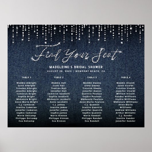デニムダイヤモンドブライダルシャワーシックなシーティングチャート ポスター (正面)