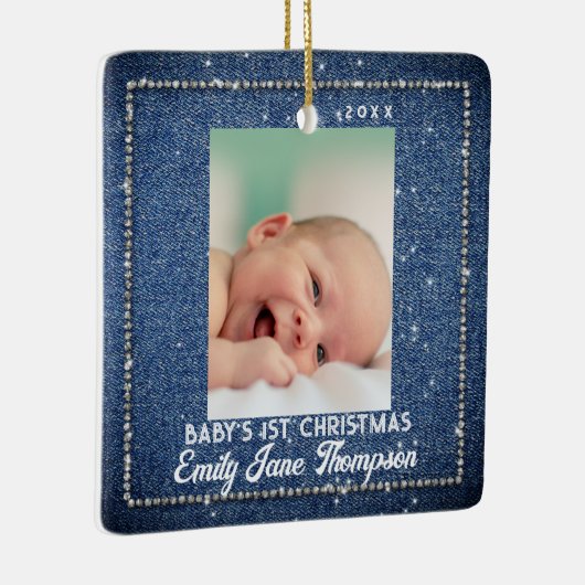 デニムダイヤモンドベビー初めてのクリスマスライン石 セラミックオーナメント (右)