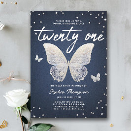 デニムダイヤモンドレースモダンバタフライ21歳の誕生日 招待状