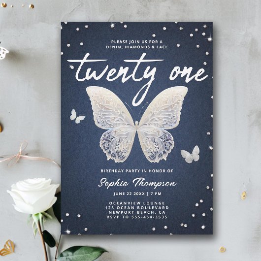 デニムダイヤモンドレースモダンバタフライ21歳の誕生日 招待状