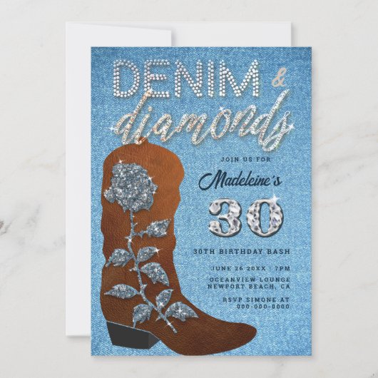 デニムダイヤモンド女性のカーボーイきらきら光るジーンズバースデーパーティー 招待状 (正面)