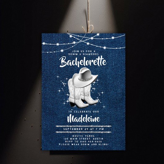 デニムダイヤモンド女性のカーボーイハットブーツシックバチェロレッテ 招待状