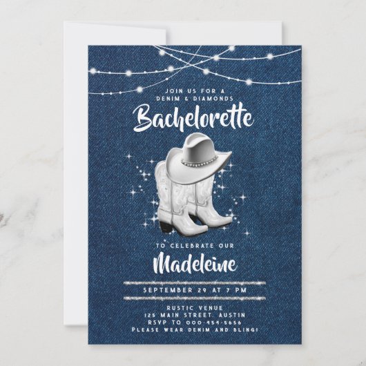 デニムダイヤモンド女性のカーボーイハットブーツシックバチェロレッテ 招待状 (正面)