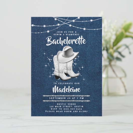 デニムダイヤモンド女性のカーボーイハットブーツシックバチェロレッテ 招待状 (スタンド正面)