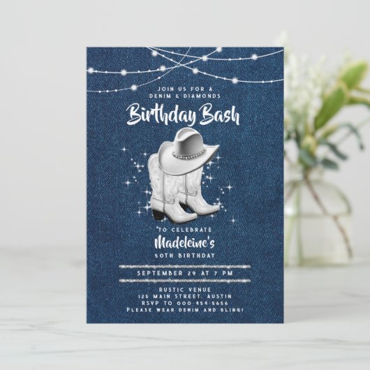 デニムダイヤモンド女性のカーボーイハットブーツシック50誕生日 招待状 (スタンド正面)