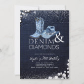 デニムダイヤモンド女性のカーボーイハットブーツ30th誕生日 招待状 (正面)