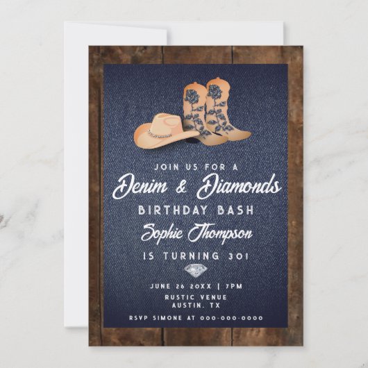 デニムダイヤモンド女性のカーボーイブーツハットバースデーパーティー 招待状 (正面)
