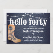 デニムダイヤモンド女性のカーボーイブーツバラ40th誕生日 招待状 (正面)