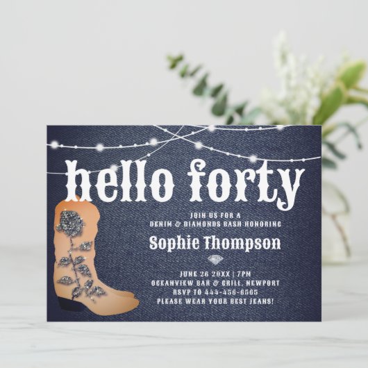デニムダイヤモンド女性のカーボーイブーツバラ40th誕生日 招待状 (スタンド正面)