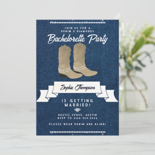 デニムダイヤモンド女性のカーボーイブーツ素朴バチェロレッテ 招待状 (スタンド正面)