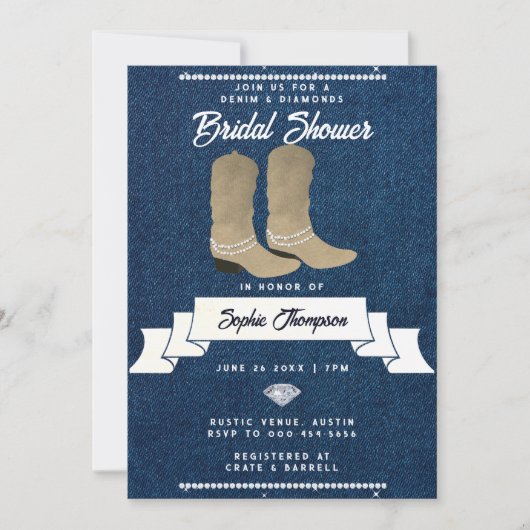 デニムダイヤモンド女性のカーボーイブーツ素朴ブライダルシャワー 招待状 (正面)