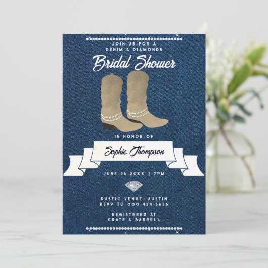 デニムダイヤモンド女性のカーボーイブーツ素朴ブライダルシャワー 招待状 (スタンド正面)