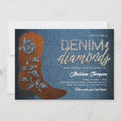 デニムダイヤモンド女性のカーボーイブートウェスタン30歳の誕生日 招待状 (正面)