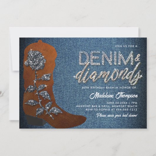 デニムダイヤモンド女性のカーボーイブートウェスタン30歳の誕生日 招待状 (正面)