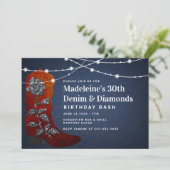 デニムダイヤモンド女性のカーボーイブートグラム30歳の誕生日 招待状 (スタンド正面)