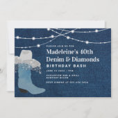 デニムダイヤモンド女性のカーボーイブートハットグラム40歳の誕生日 招待状 (正面)