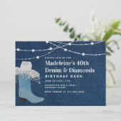 デニムダイヤモンド女性のカーボーイブートハットグラム40歳の誕生日 招待状 (スタンド正面)