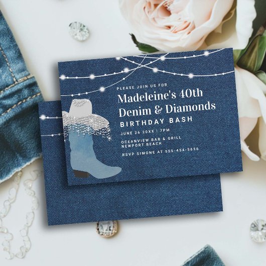 デニムダイヤモンド女性のカーボーイブートハットグラム40歳の誕生日 招待状