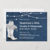 デニムダイヤモンド女性のカーボーイブートハットグラム50誕生日 招待状 (正面)