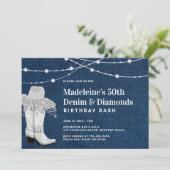 デニムダイヤモンド女性のカーボーイブートハットグラム50誕生日 招待状 (スタンド正面)