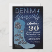 デニムダイヤモンド女性のカーボーイブートバラ30誕生日パーティー 招待状 (正面)