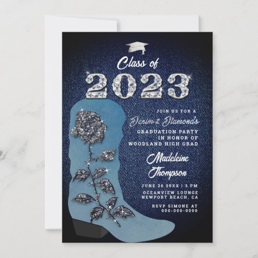 デニムダイヤモンド女性のカーボーイブートフォト卒業パーティー 招待状 (正面)