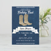 デニムダイヤモンド女性のカーボーイ素朴ブーツ50誕生日 招待状 (スタンド正面)