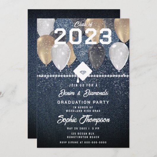 デニムダイヤモンド風船が卒業パーティーに輝く 招待状 (正面/裏面)