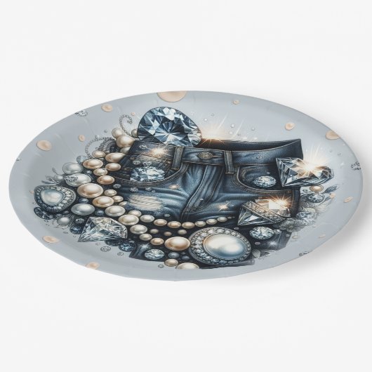 デニムダイヤモンド&ピアスジーンズきらきら光るバースデーパーティー ペーパープレート (アングル)