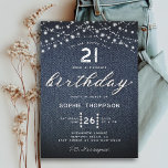 デニムダイヤ素朴ズライツ21歳の誕生日 招待状<br><div class="desc">デニムの背景シンプル、素朴な光の文字列、単語の誕生日が白いダイヤモンドで覆わモダンれ（シミュレートされ、ダイヤではない）、書道のスクリプトと白のタイポグラフィを特徴とするテンプレートとシックでシックな21歳の誕生日パーティの招待状のエレガント実在。21歳、30歳、35歳、40歳、50歳、55歳カスタマイズ、60歳、65歳、70歳、80歳、90歳のデザインで21歳の上品な「デニムとダイヤモンド」!</div>