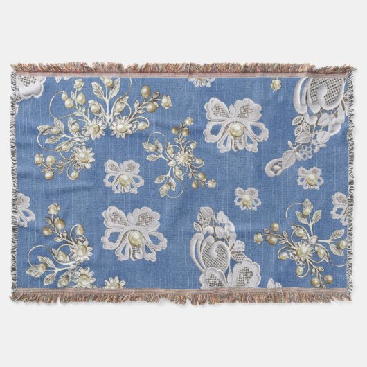 デニムテクスチャーレースと真珠 スローブランケット (正面)