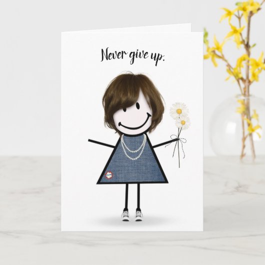 デニムドレスを着た可愛いスティックガール カード (黄色い花)