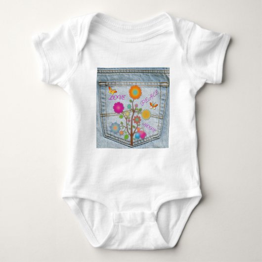 デニムバックポケット花平和ラブホープ ベビーボディスーツ (正面)